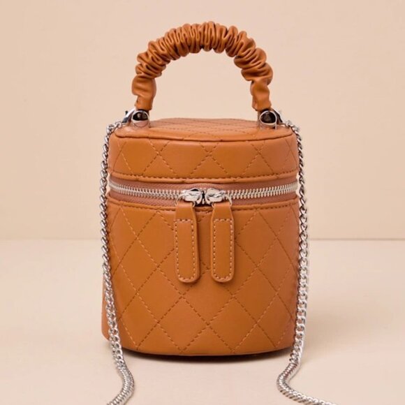 Lulus Quilted Barrel Crossbody Bag - Brown Mini Purse with Chain Strap - Picture 1 of 11